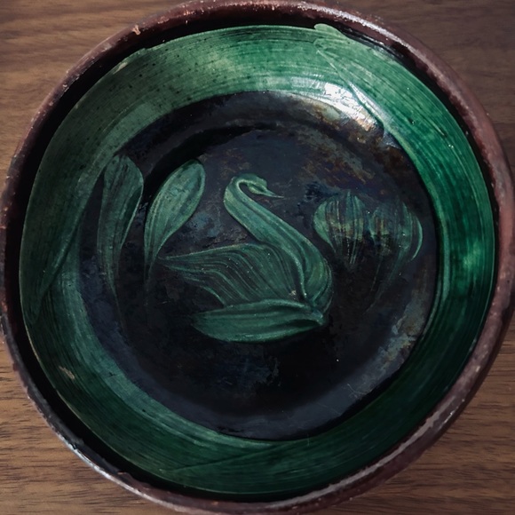 Vintage 2 Mexican Michoacan Patamban Redware Green Swan Glazed Bowl Folk Art - Picture 4 of 5